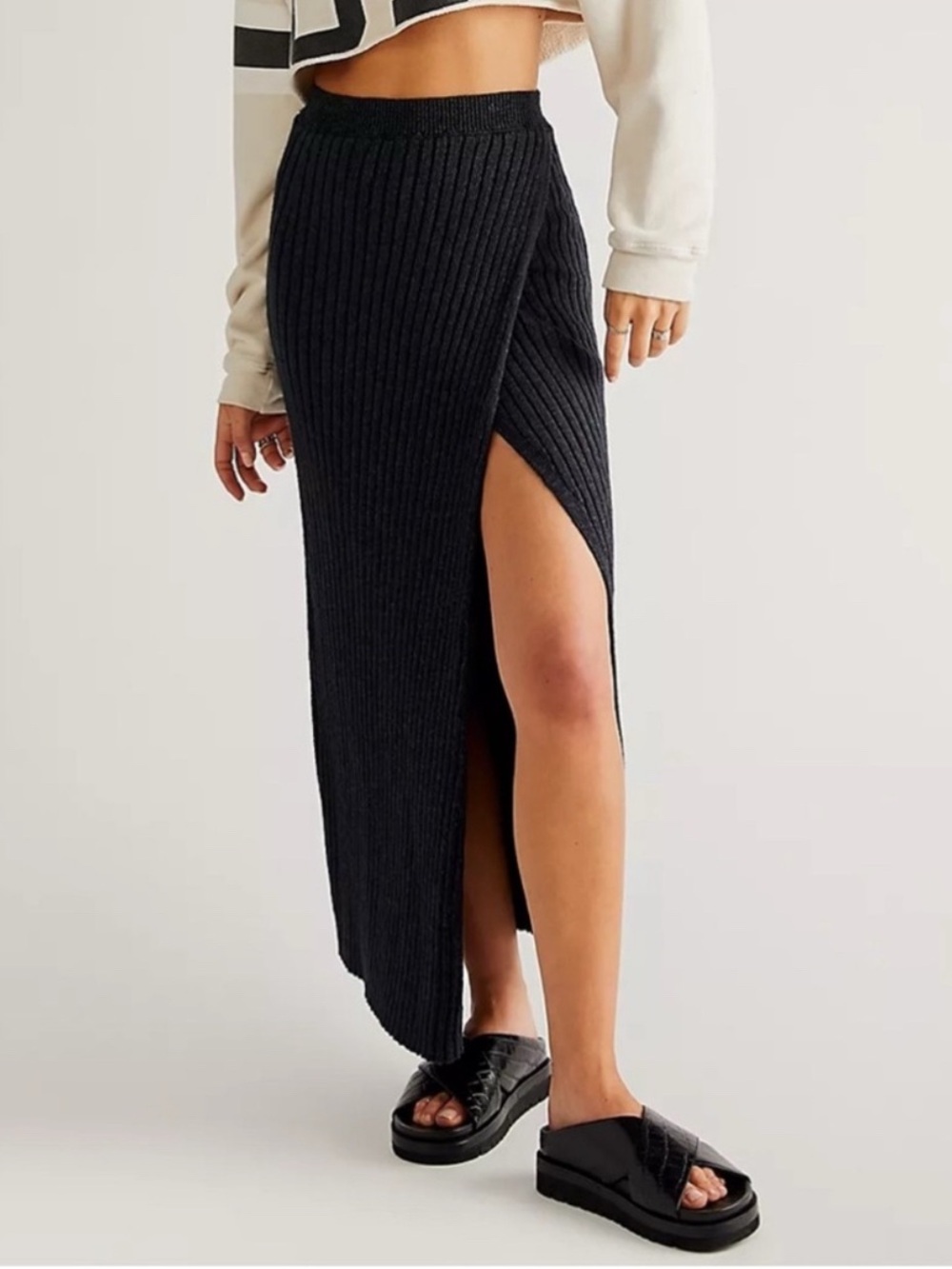 Free People Ribbed Maxi Skirt with Front Slit